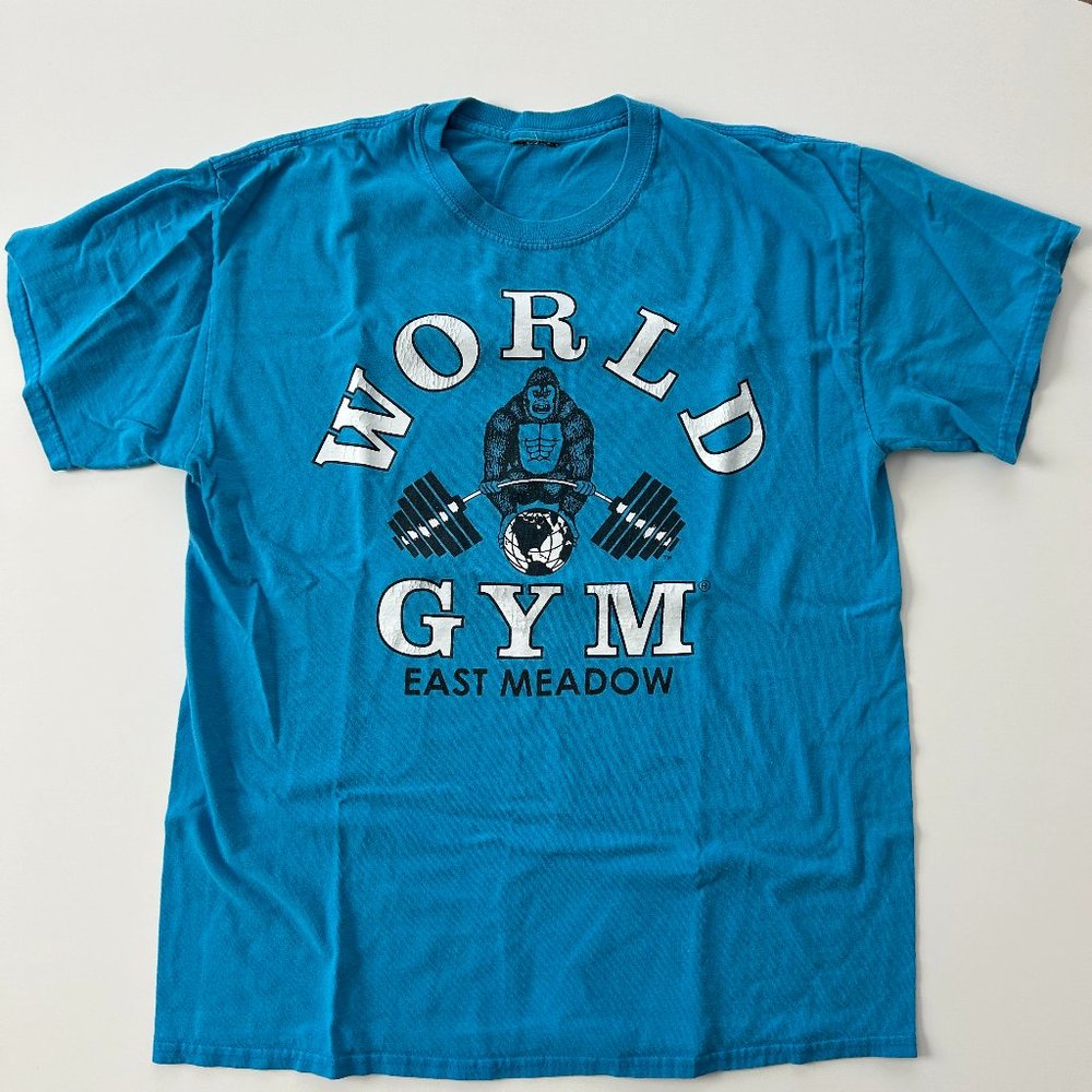 World Gym east meadow vintage graphic weightlifting t shirt size L teal
